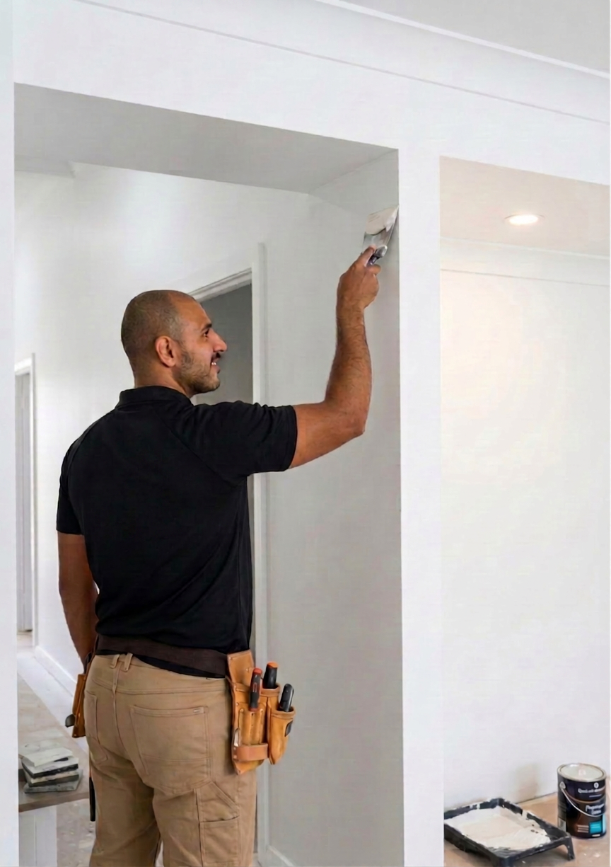 Professional painter rolling fresh paint onto an interior wall